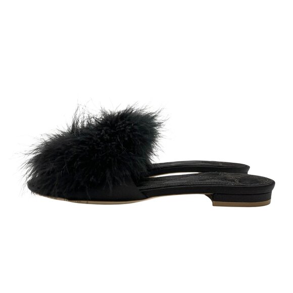 LOUIS VUITTON LV Logo Fur Flats Sandals #37 Rhinestone Black Gold Satin [105937] - Picture 3 of 9